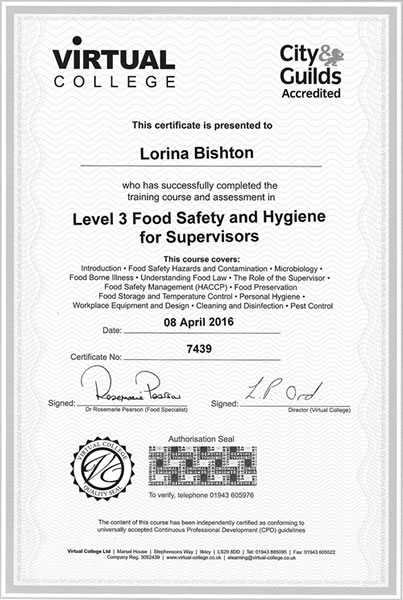 level 3 food safety and hygiene for supervisors certificate